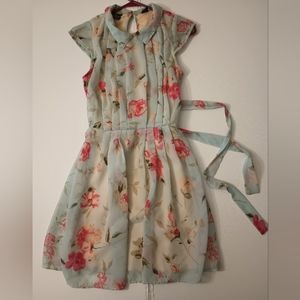 Angie Women's Medium Blue Pink Floral Cap Sleeve Sleeveless Midi Flowy Dress